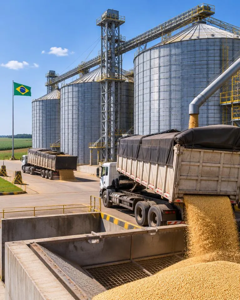 Caminhão descarregando soja em armazém com silos