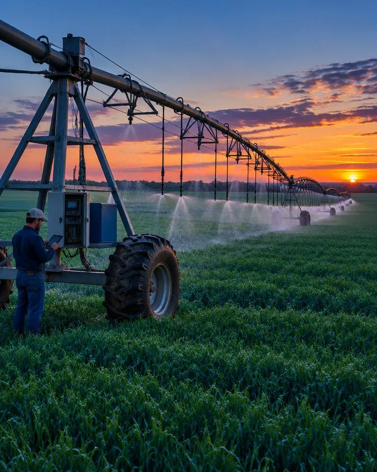 Picape e equipamentos em propriedade rural ao entardecer