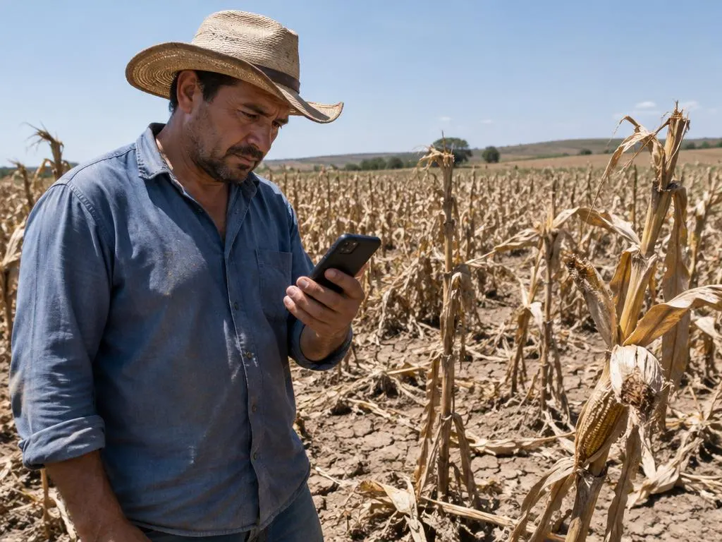 Produtor rural em lavoura de milho afetada pela seca consultando o celular