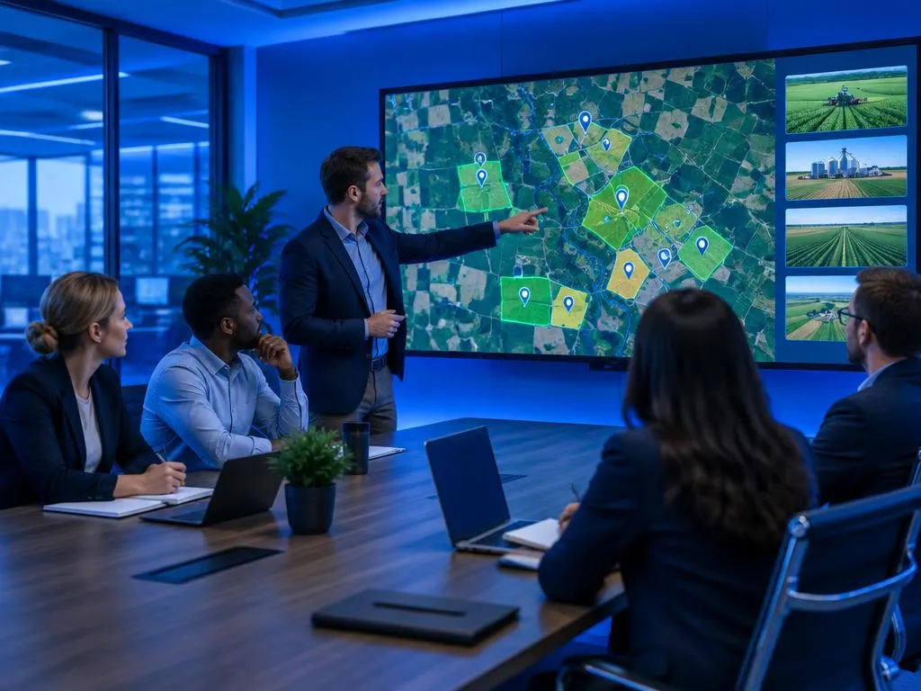 Equipe comercial do agro analisando mapa de propriedades rurais em telão